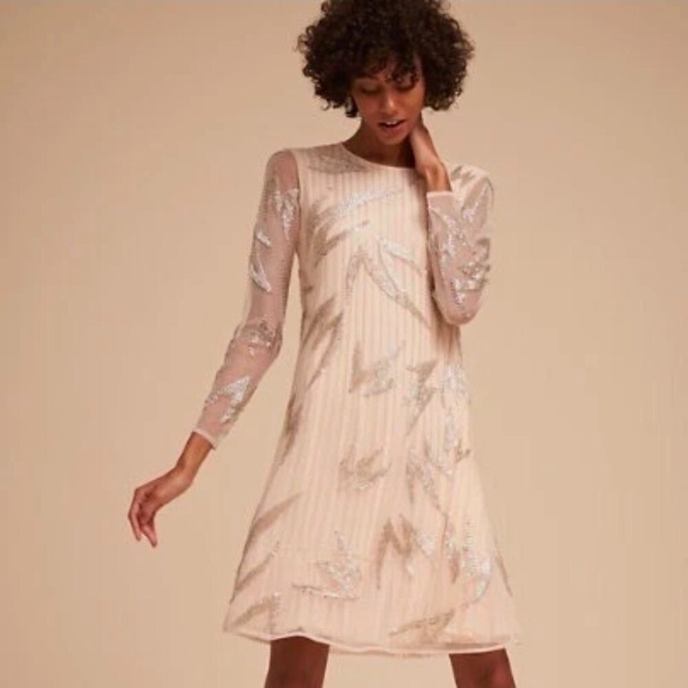 Ended BHLDN Beaded Sheer Jolie Dress Size 16 Cream Long Sleeve